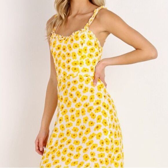 Faithfull the Brand Noemie Dress Size 8 US Yellow Floral Midi Ruffle Hem Smocked - Picture 4 of 14